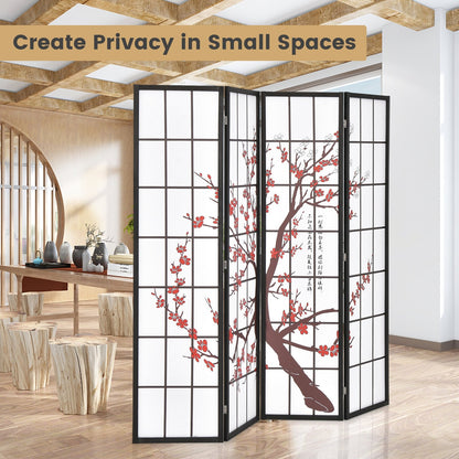 6 Foot Folding Oriental Privacy Screen with Elegant Plum Blossom Design