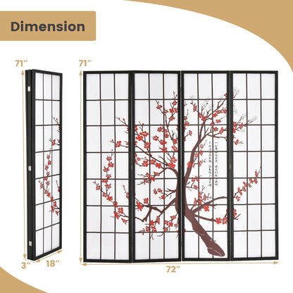 6 Foot Folding Oriental Privacy Screen with Elegant Plum Blossom Design