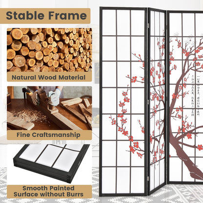 6 Foot Folding Oriental Privacy Screen with Elegant Plum Blossom Design