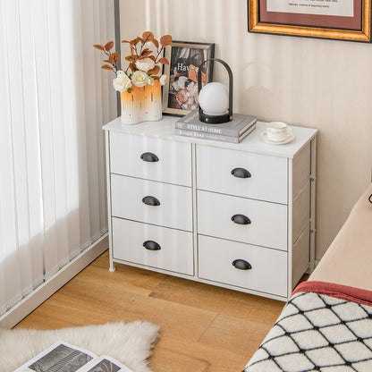 6 Drawer Storage Chest with Fabric Bins and Wood Top in White