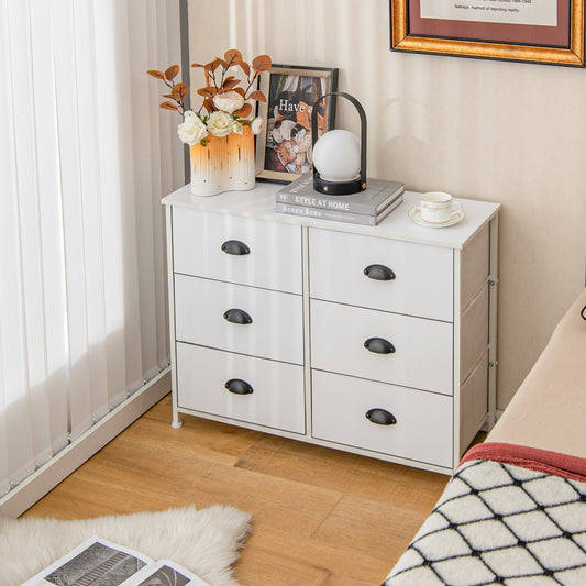6 Drawer Storage Chest with Fabric Bins and Wood Top in White