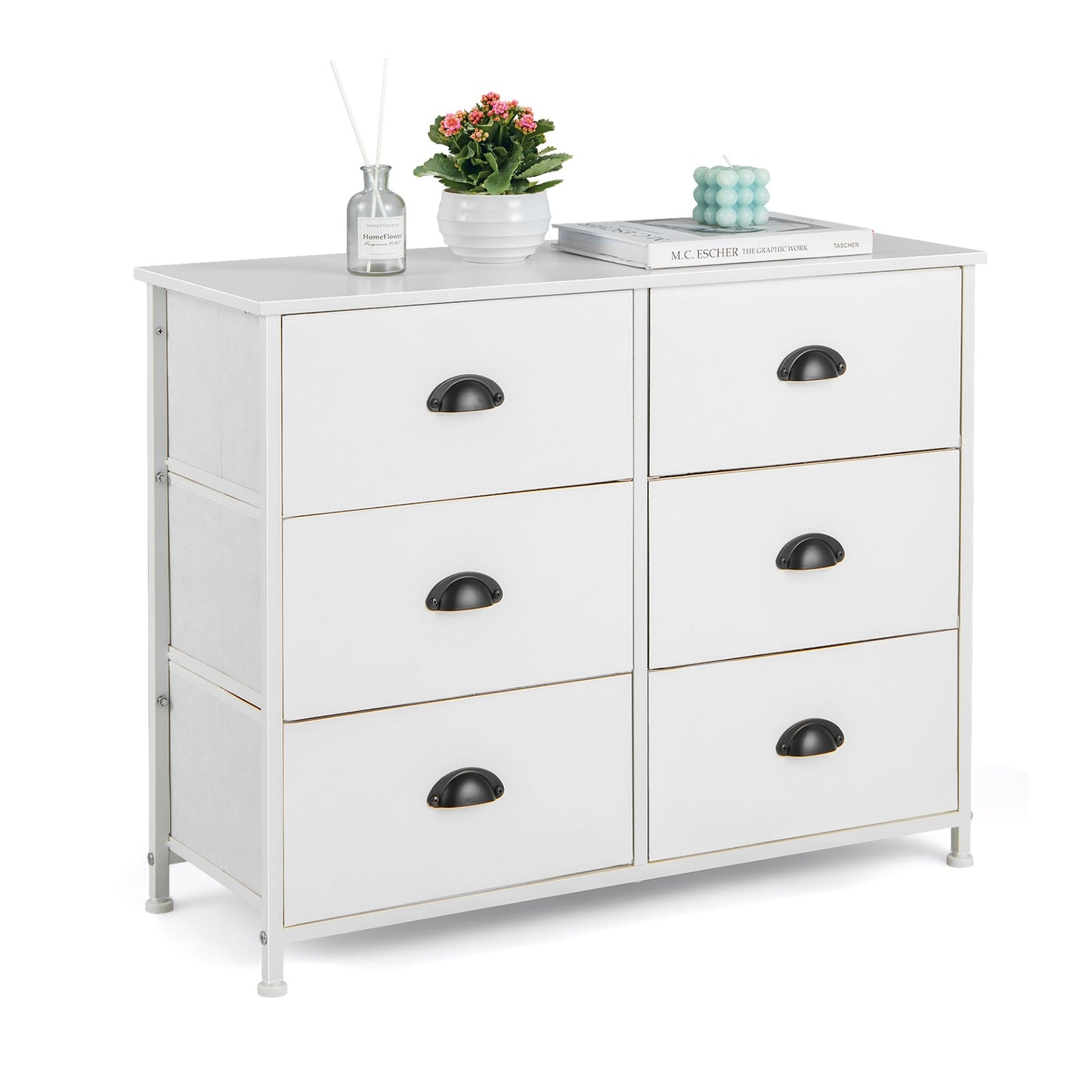 6 Drawer Storage Chest with Fabric Bins and Wood Top in White