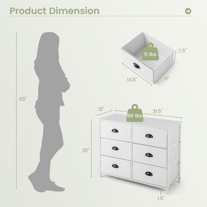 6 Drawer Storage Chest with Fabric Bins and Wood Top in White