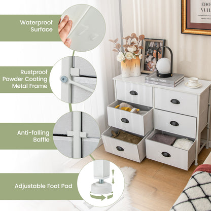 6 Drawer Storage Chest with Fabric Bins and Wood Top in White