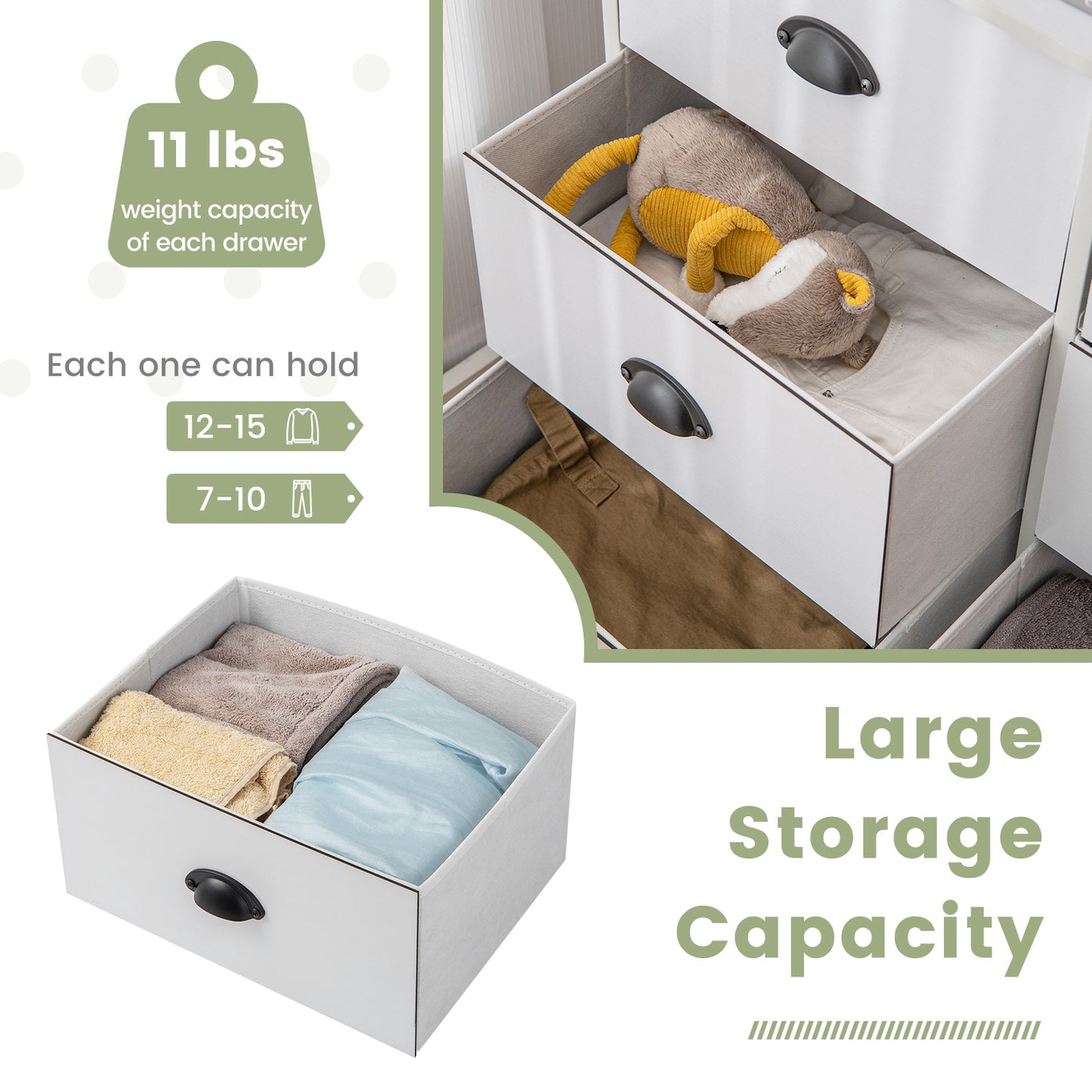 6 Drawer Storage Chest with Fabric Bins and Wood Top in White