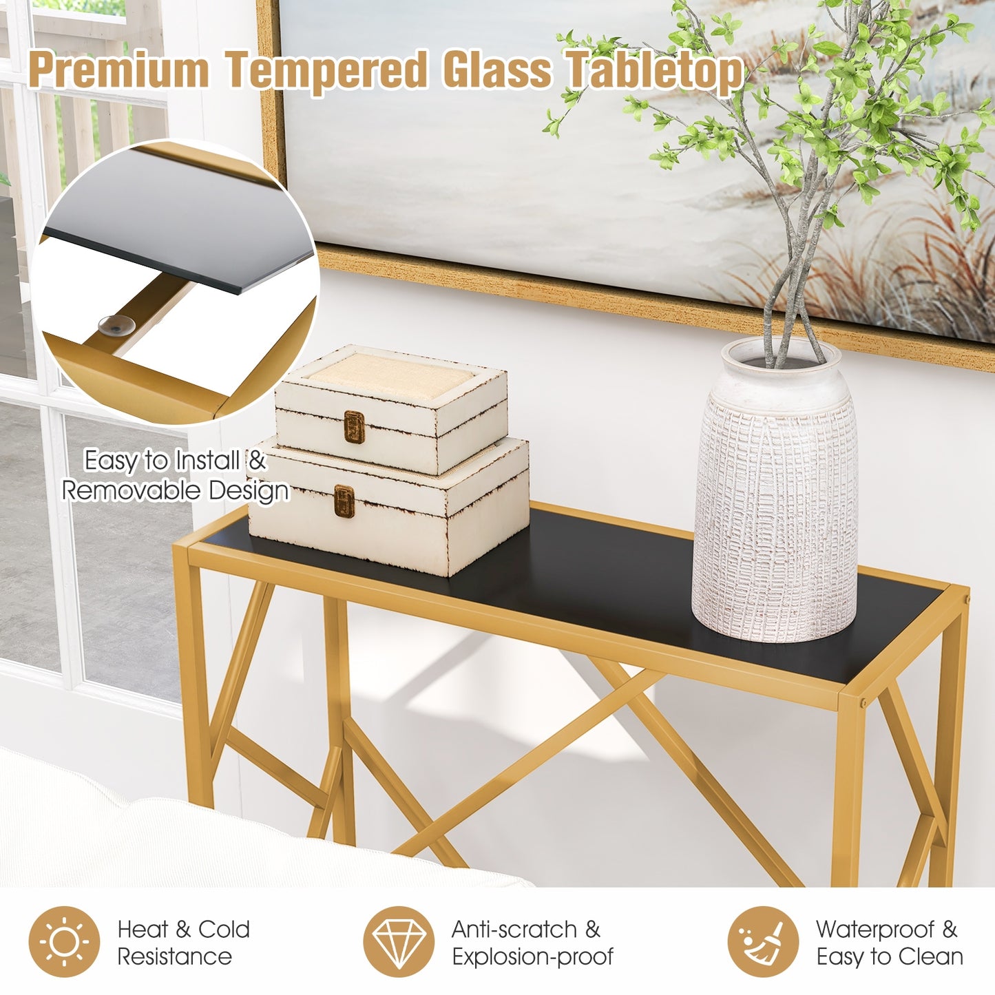 Gold Metal Frame Entryway Table with Adjustable Foot Pads for Stability