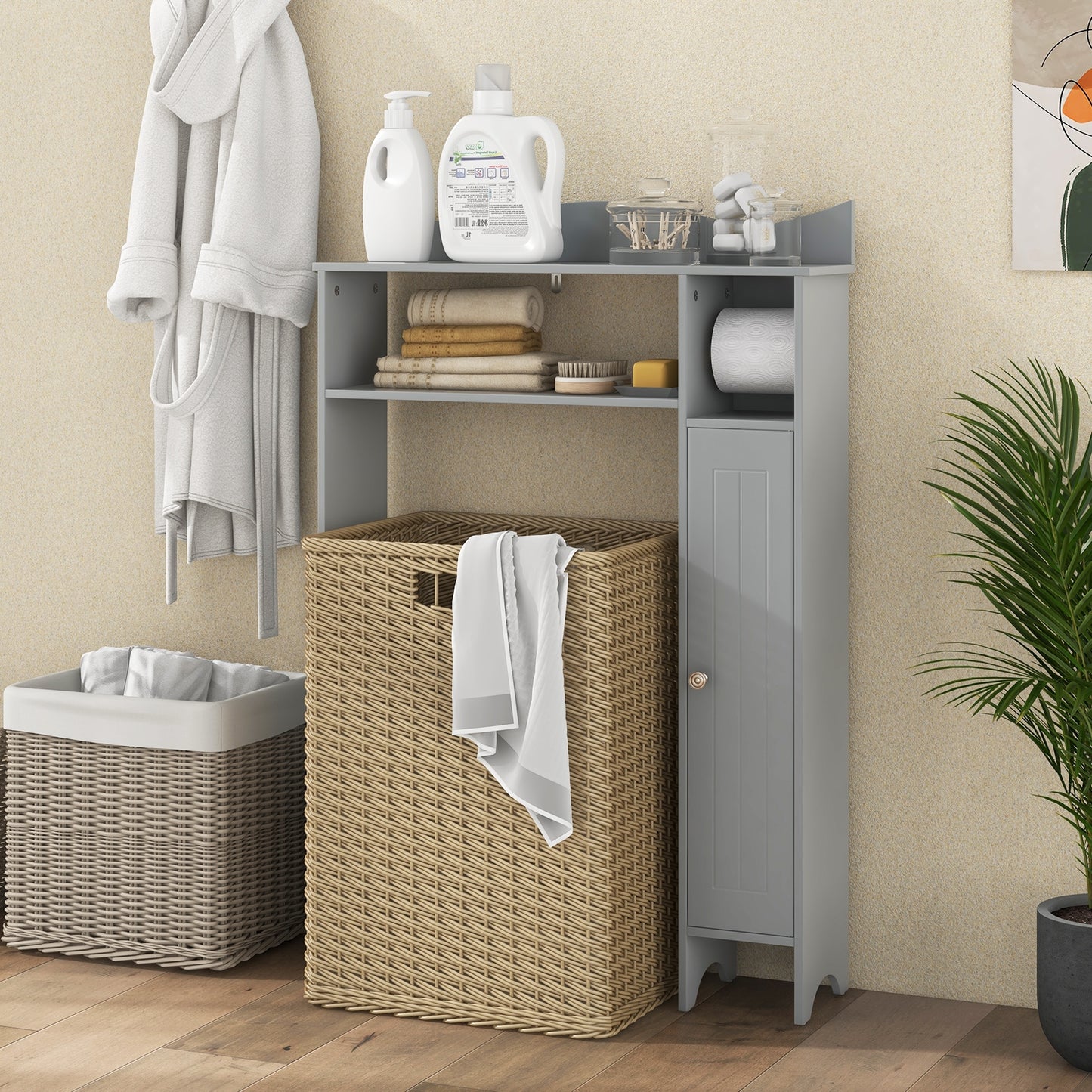 Wooden Over-the-Toilet Storage Cabinet with Adjustable Shelves & Toilet Paper Holder