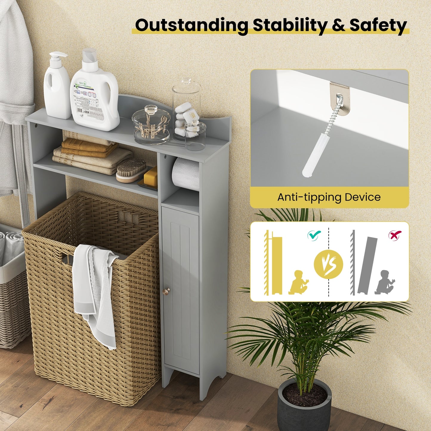 Wooden Over-the-Toilet Storage Cabinet with Adjustable Shelves & Toilet Paper Holder