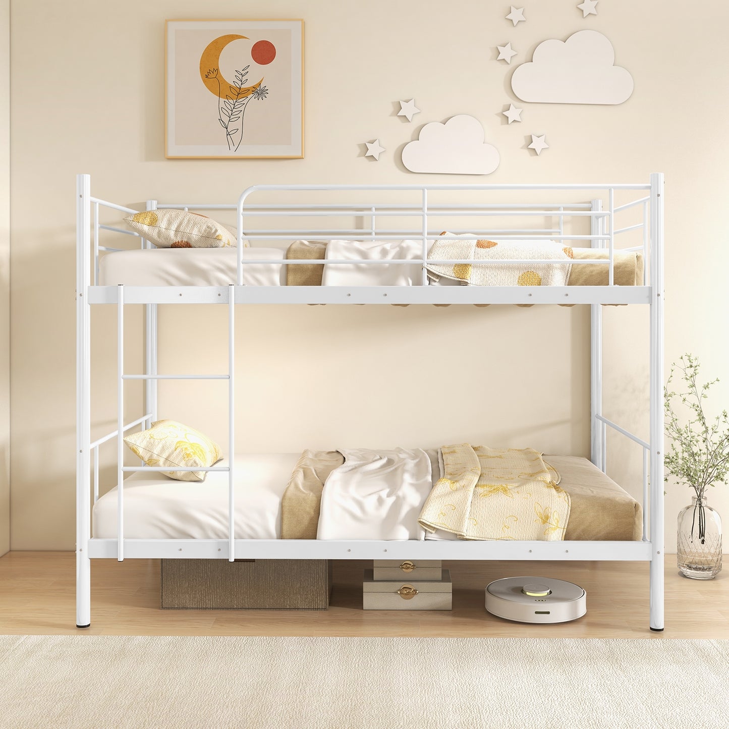 Sturdy Metal Bunk Bed with Ladder and Full-Length Guardrails for Safety - White