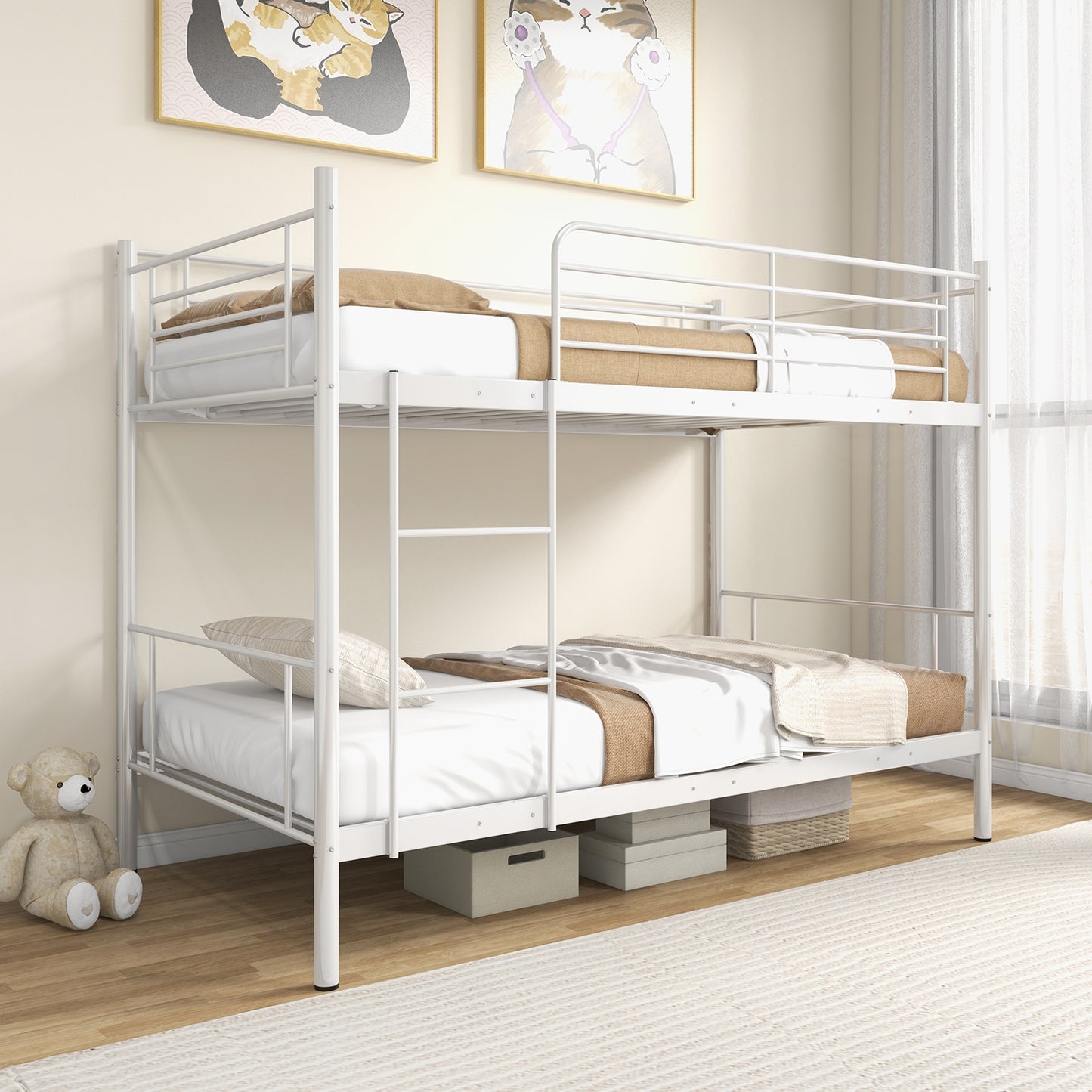 Sturdy Metal Bunk Bed with Ladder and Full-Length Guardrails for Safety - White