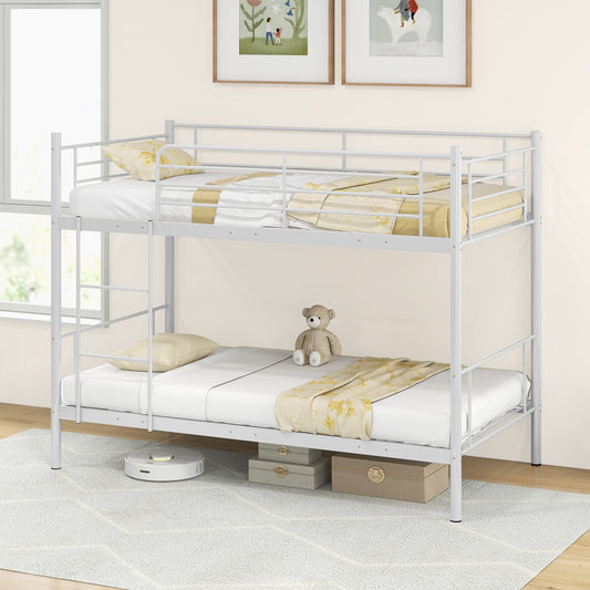 Sturdy Metal Bunk Bed with Ladder and Full-Length Guardrails for Safety - White
