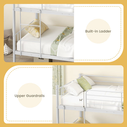 Sturdy Metal Bunk Bed with Ladder and Full-Length Guardrails for Safety - White