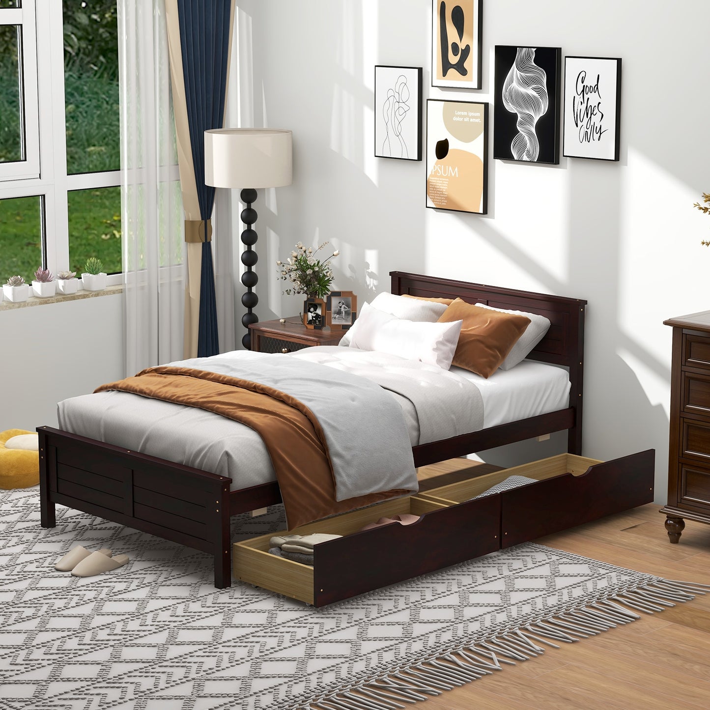 Twin Wooden Bed Frame with Storage Drawers and Headboard, Espresso