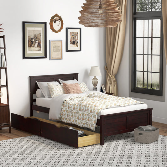 Twin Wooden Bed Frame with Storage Drawers and Headboard, Espresso