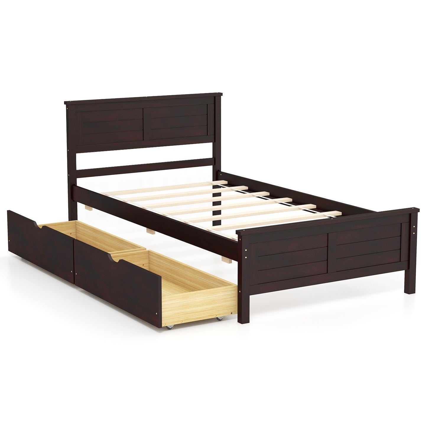 Twin Wooden Bed Frame with Storage Drawers and Headboard, Espresso