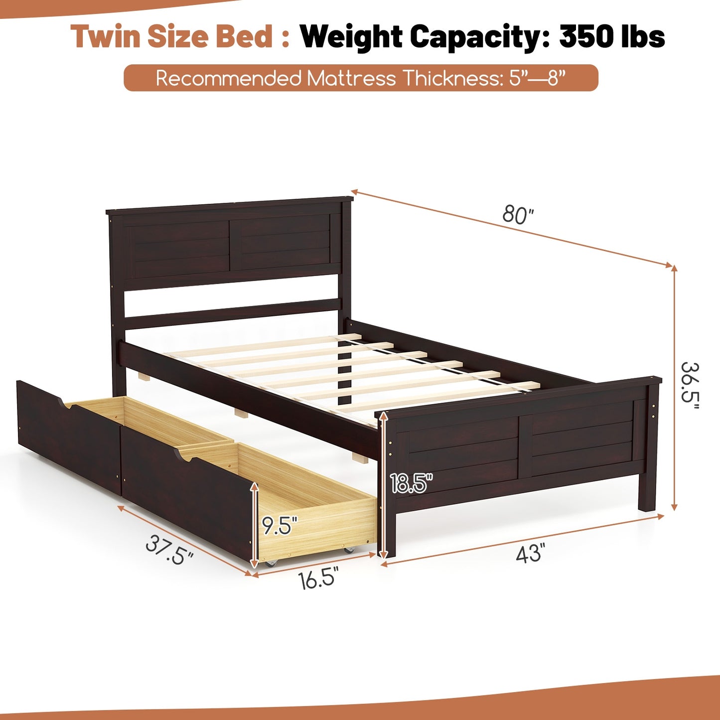 Twin Wooden Bed Frame with Storage Drawers and Headboard, Espresso