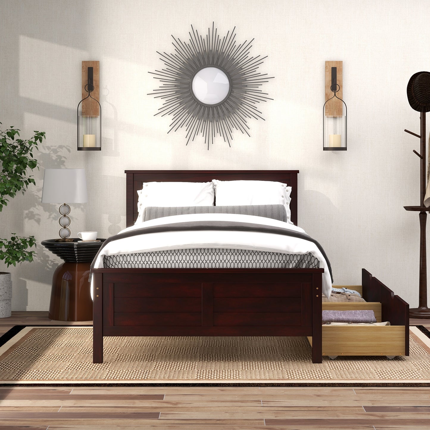 Twin Wooden Bed Frame with Storage Drawers and Headboard, Espresso
