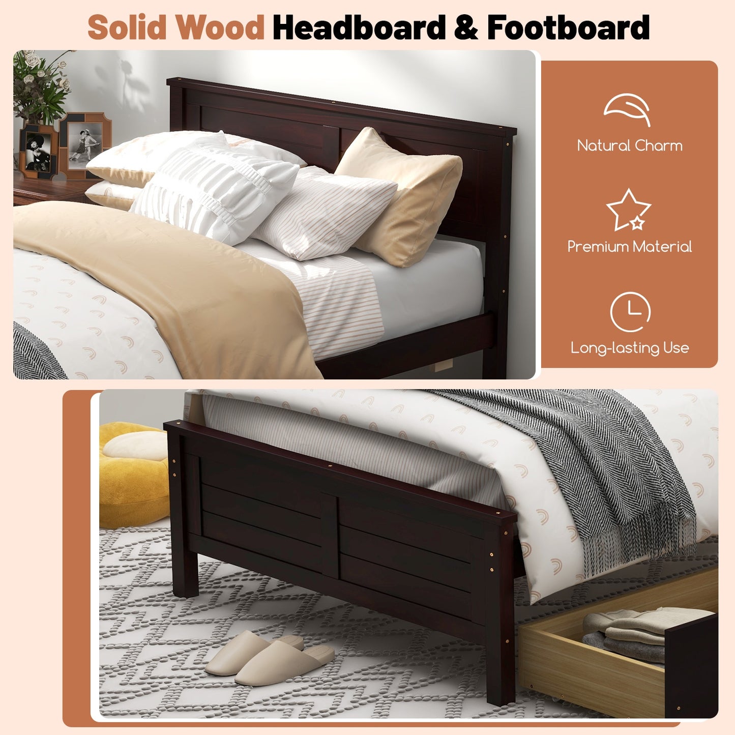 Twin Wooden Bed Frame with Storage Drawers and Headboard, Espresso