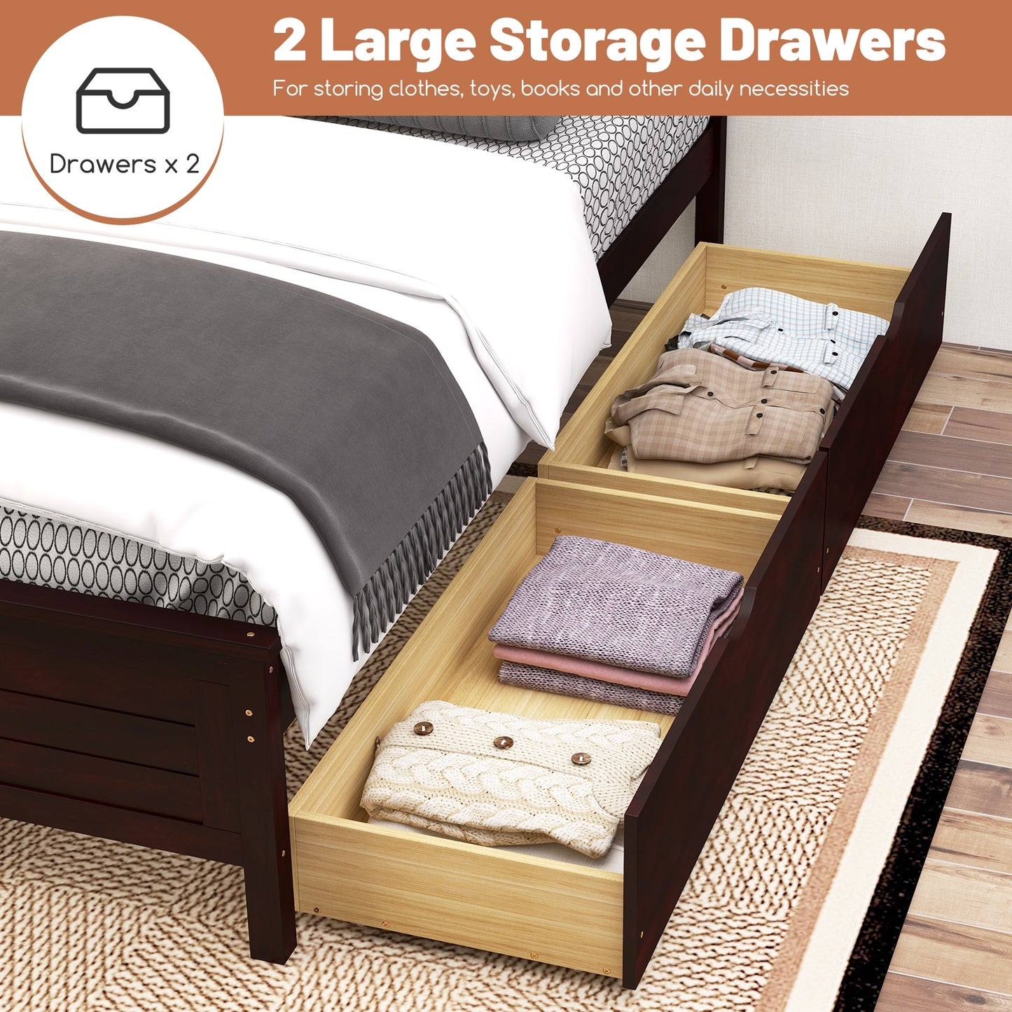 Twin Wooden Bed Frame with Storage Drawers and Headboard, Espresso