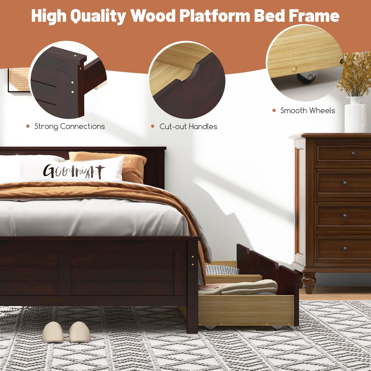 Twin Wooden Bed Frame with Storage Drawers and Headboard, Espresso