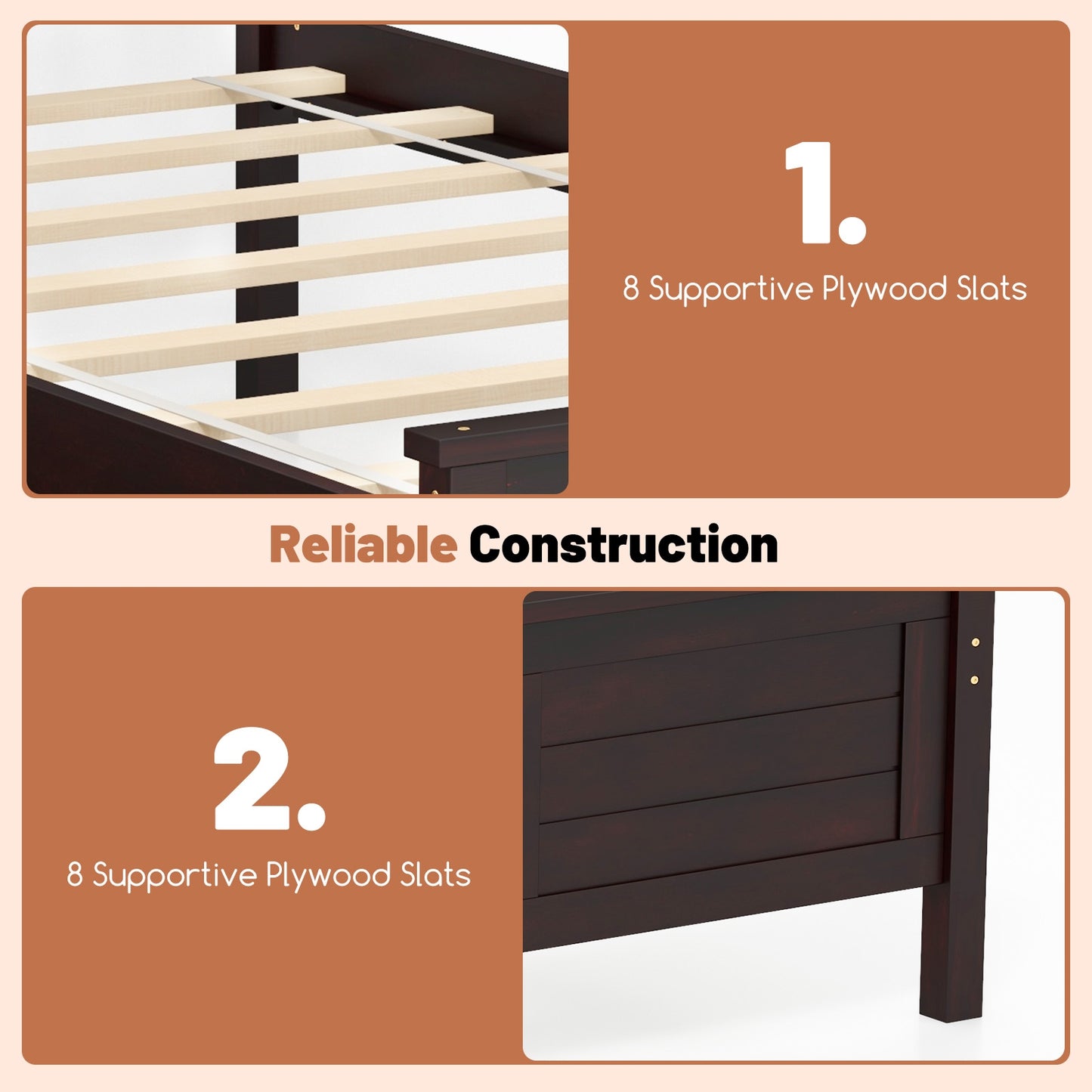 Twin Wooden Bed Frame with Storage Drawers and Headboard, Espresso