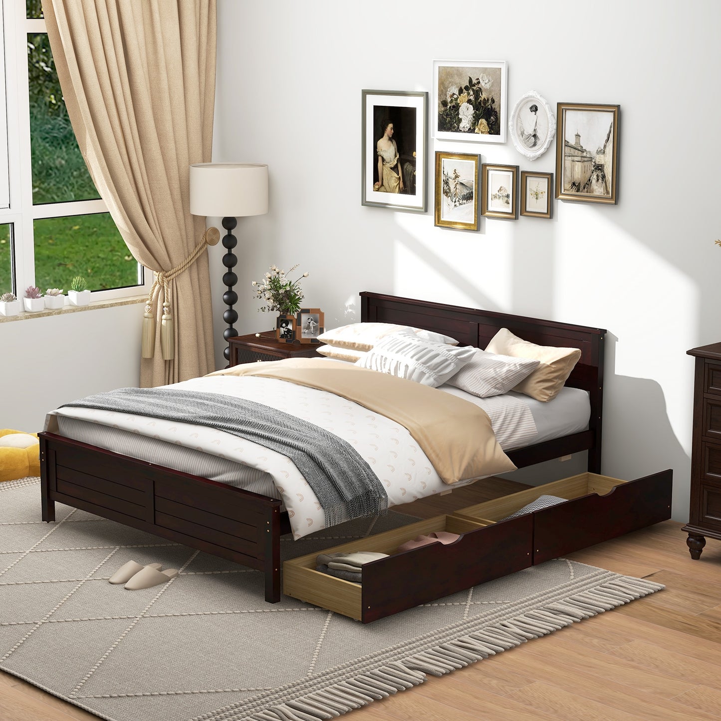 Full Size Platform Bed Frame with Storage Drawers & Solid Wood Headboard – Elegant Espresso Design