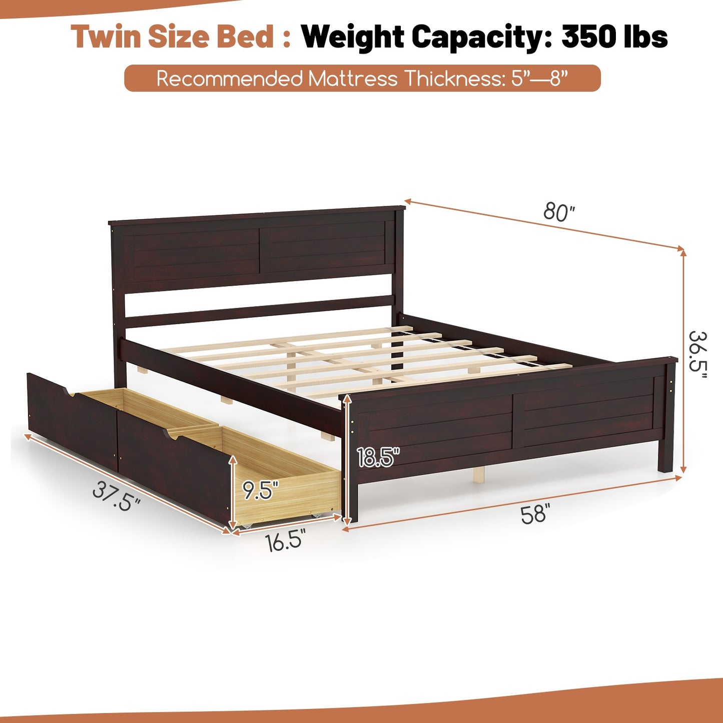 Full Size Platform Bed Frame with Storage Drawers & Solid Wood Headboard – Elegant Espresso Design