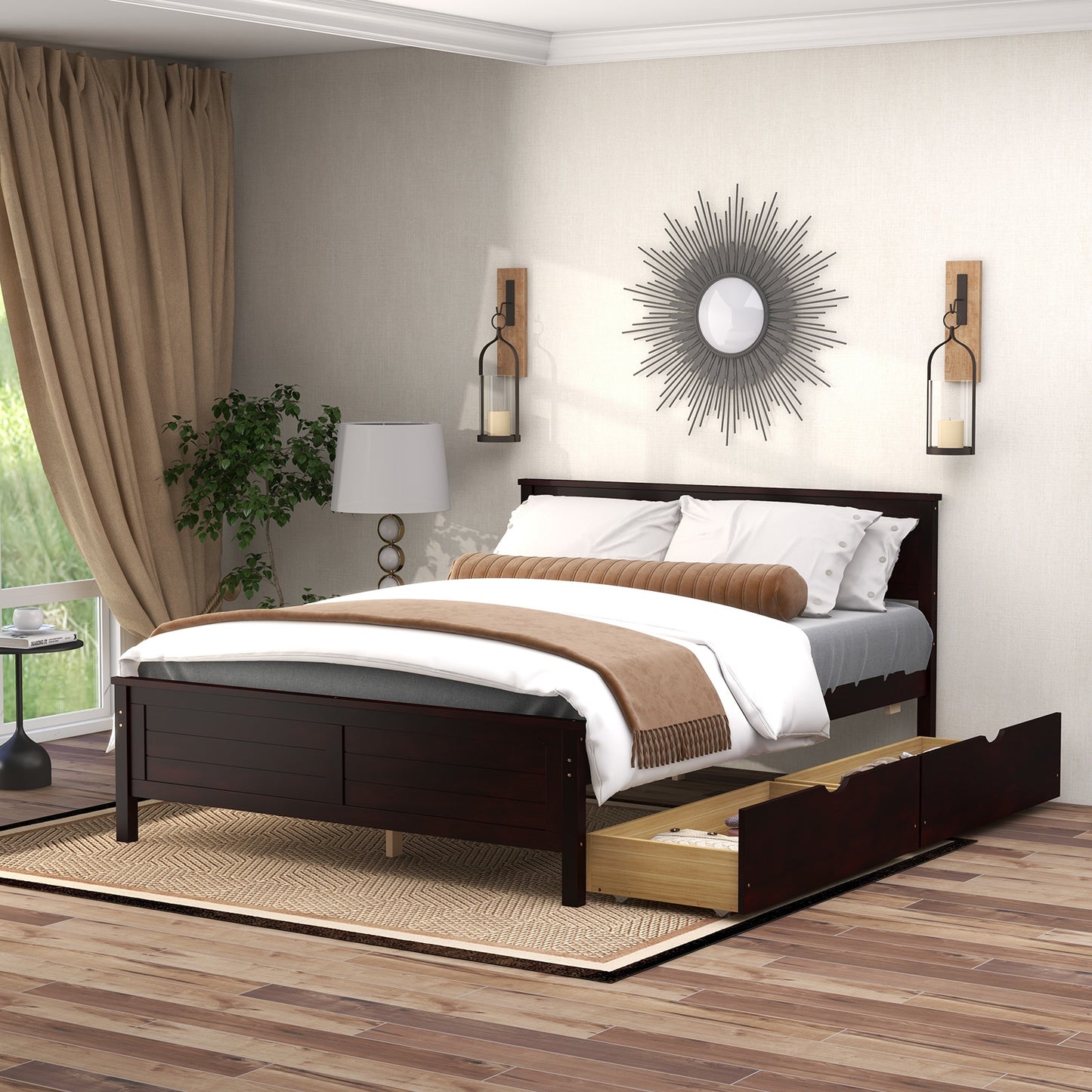 Full Size Platform Bed Frame with Storage Drawers & Solid Wood Headboard – Elegant Espresso Design