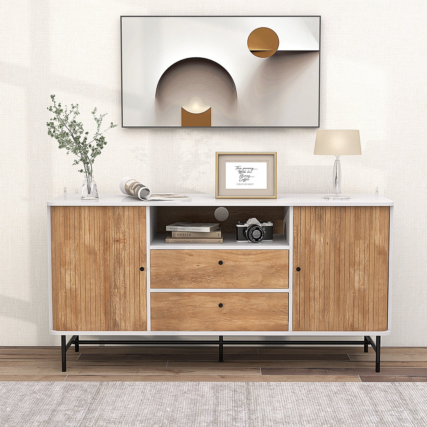 Modern Sliding Door Sideboard with Drawers and Cable Management for Living Room or Dining Space