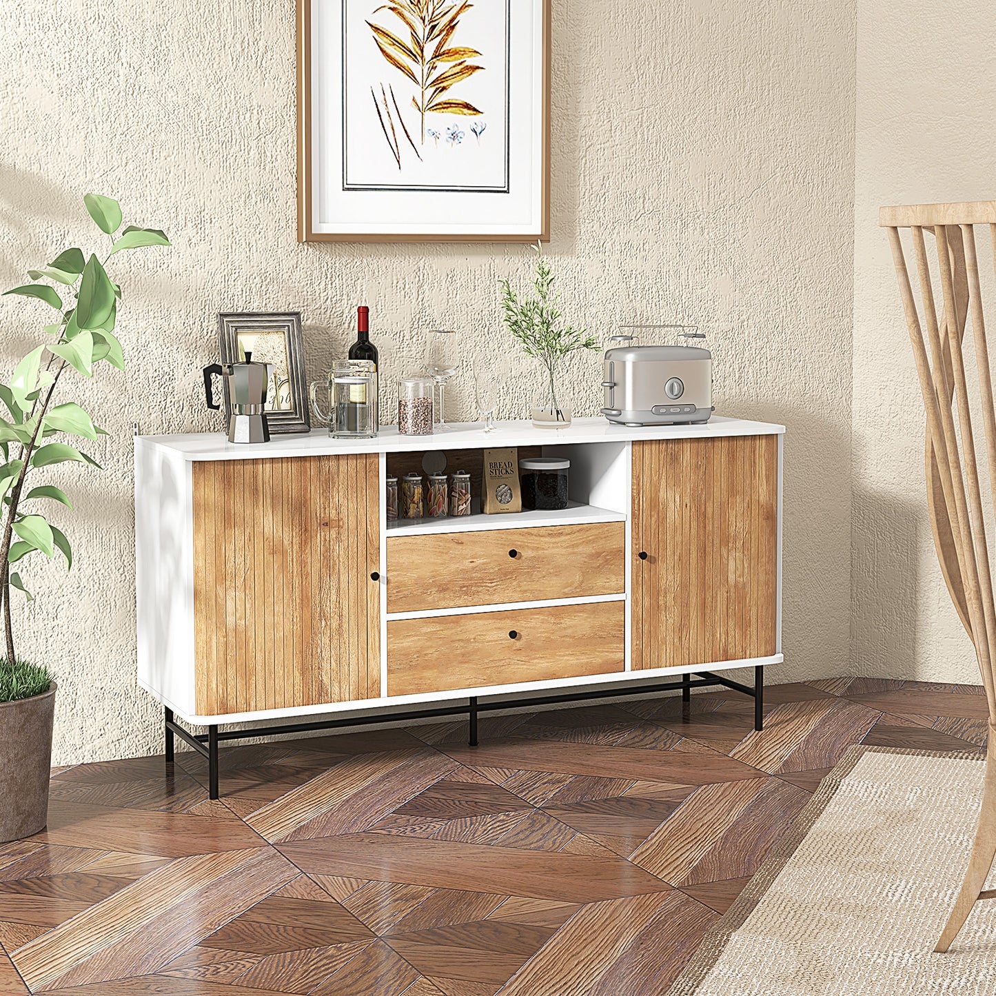 Modern Sliding Door Sideboard with Drawers and Cable Management for Living Room or Dining Space
