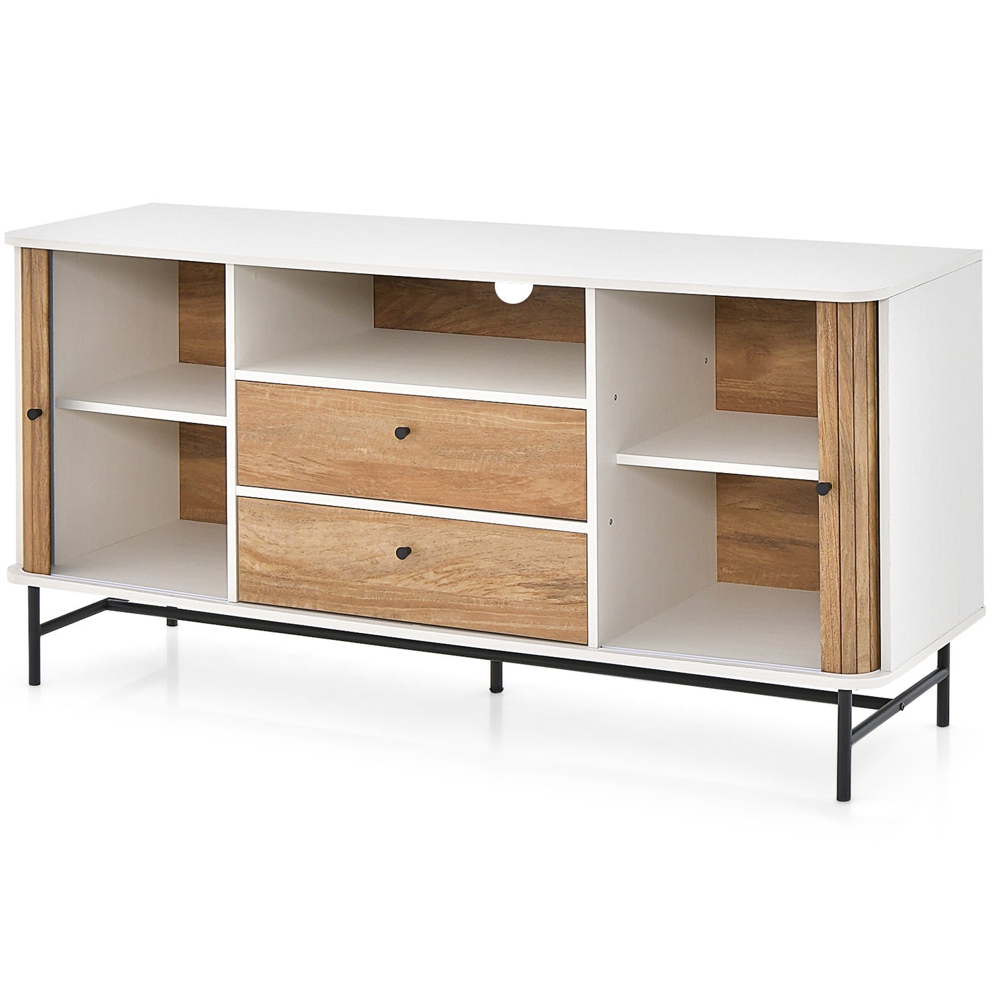 Modern Sliding Door Sideboard with Drawers and Cable Management for Living Room or Dining Space