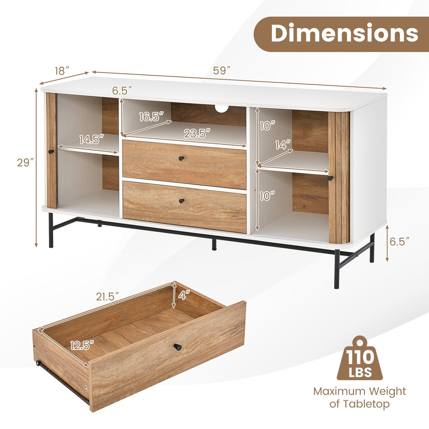 Modern Sliding Door Sideboard with Drawers and Cable Management for Living Room or Dining Space
