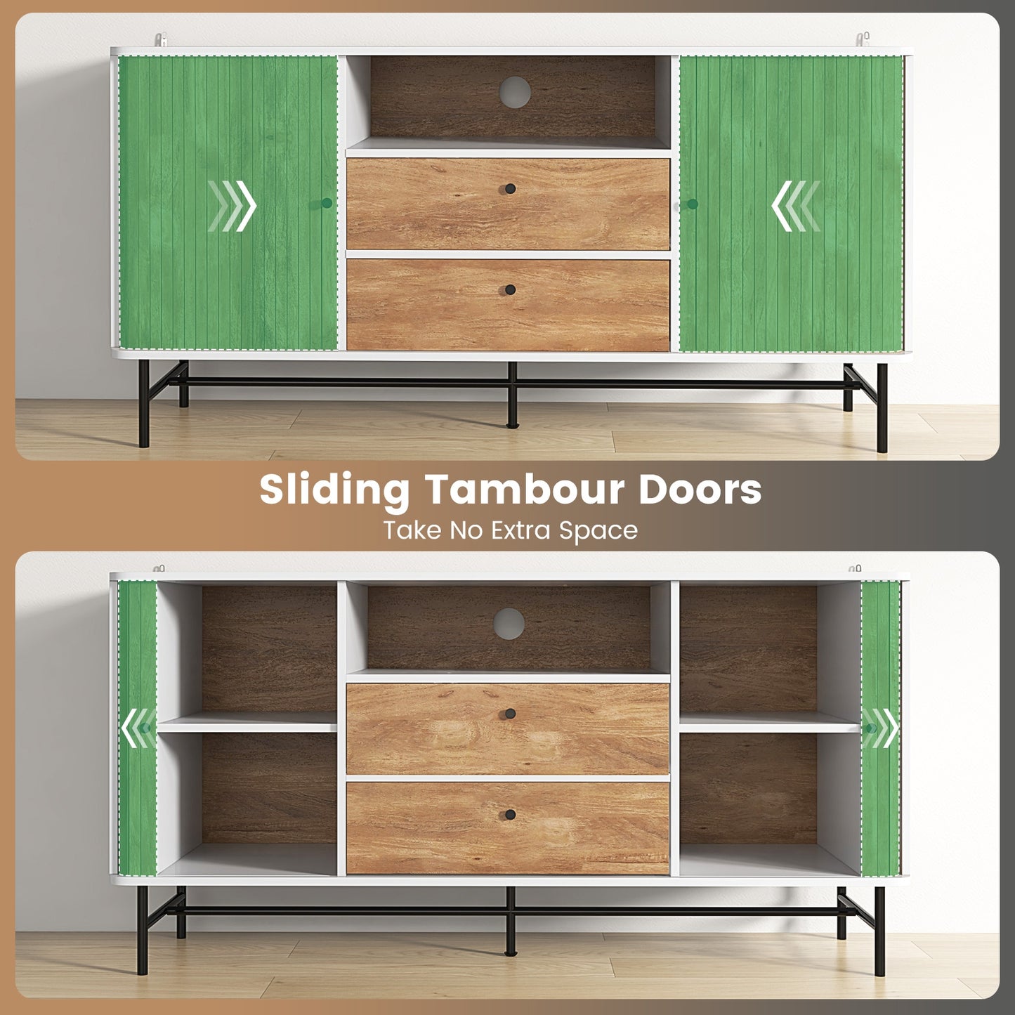 Modern Sliding Door Sideboard with Drawers and Cable Management for Living Room or Dining Space