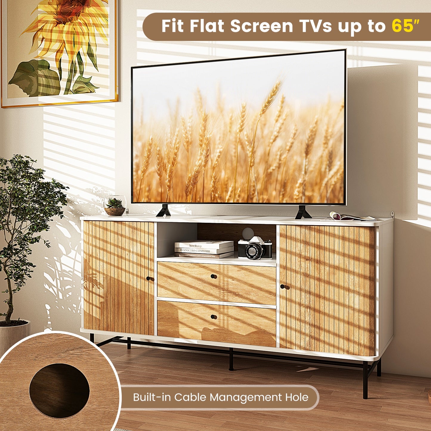Modern Sliding Door Sideboard with Drawers and Cable Management for Living Room or Dining Space