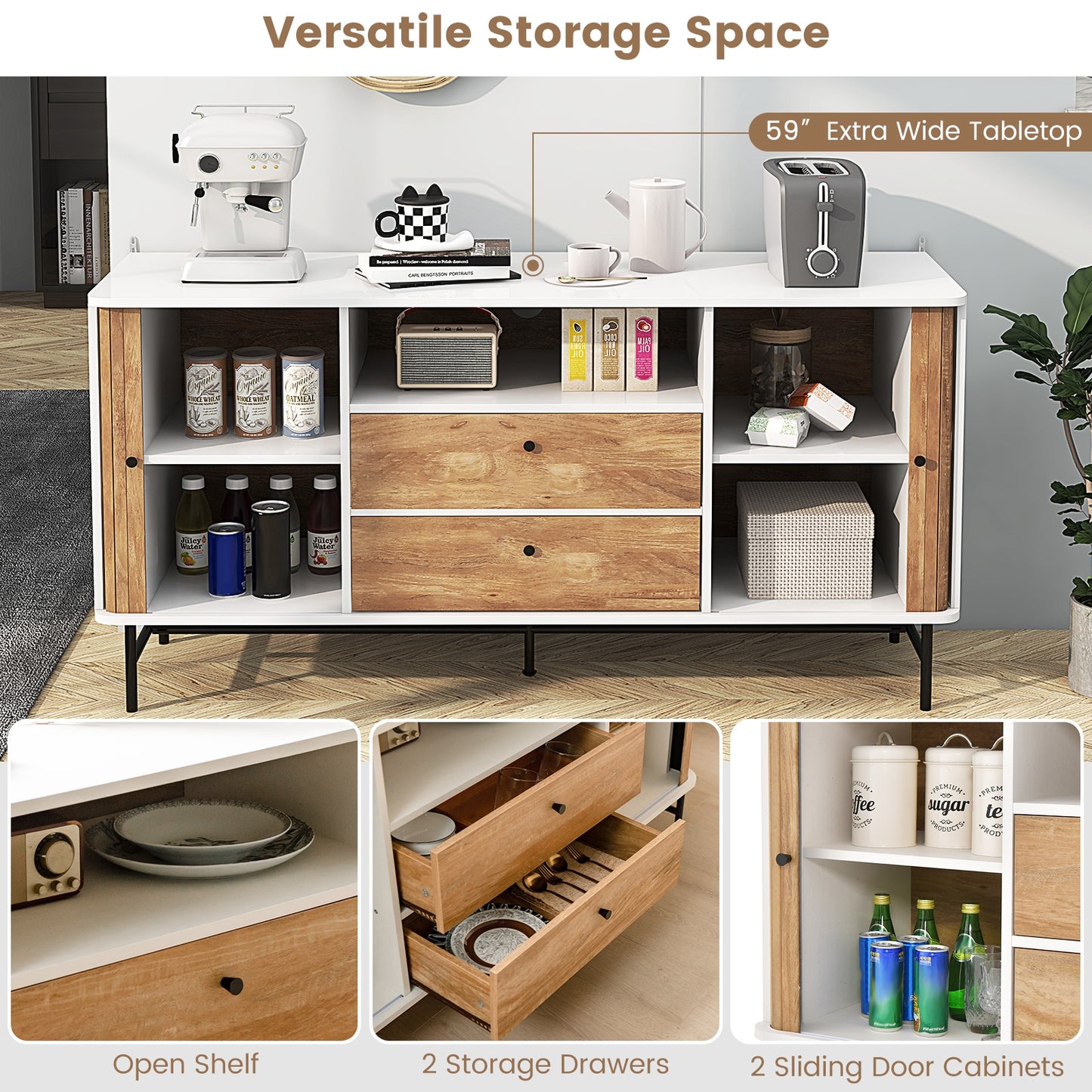 Modern Sliding Door Sideboard with Drawers and Cable Management for Living Room or Dining Space
