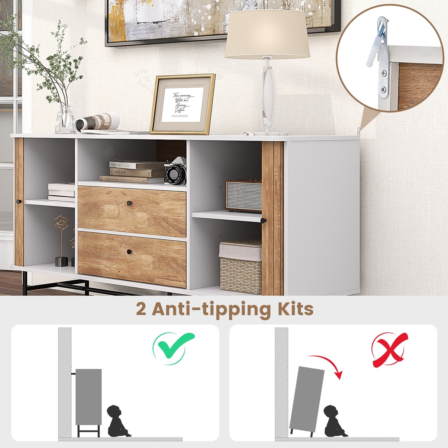 Modern Sliding Door Sideboard with Drawers and Cable Management for Living Room or Dining Space