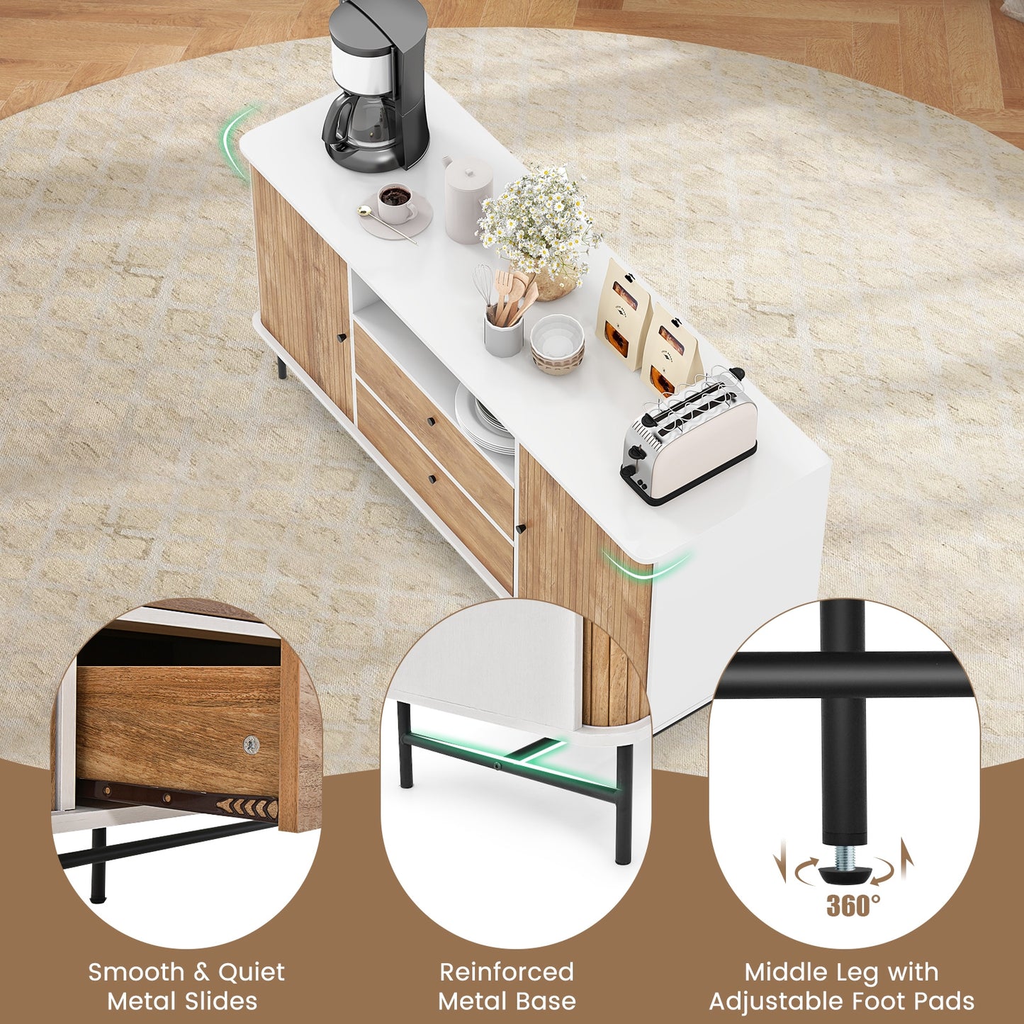 Modern Sliding Door Sideboard with Drawers and Cable Management for Living Room or Dining Space