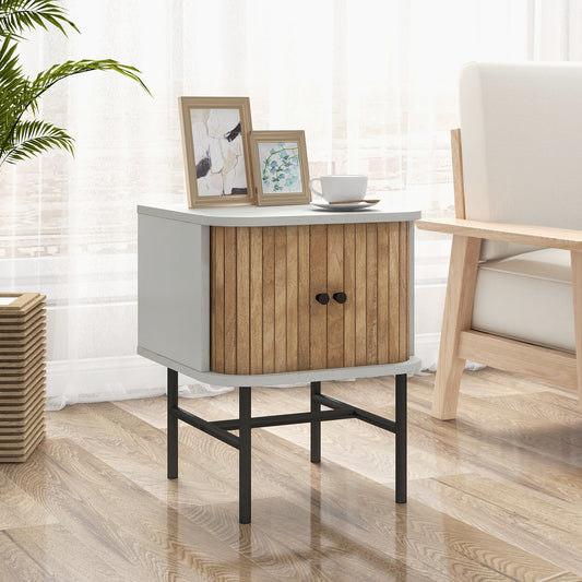 Mid Century Modern Nightstand with Sliding Doors and Storage Cabinet in White