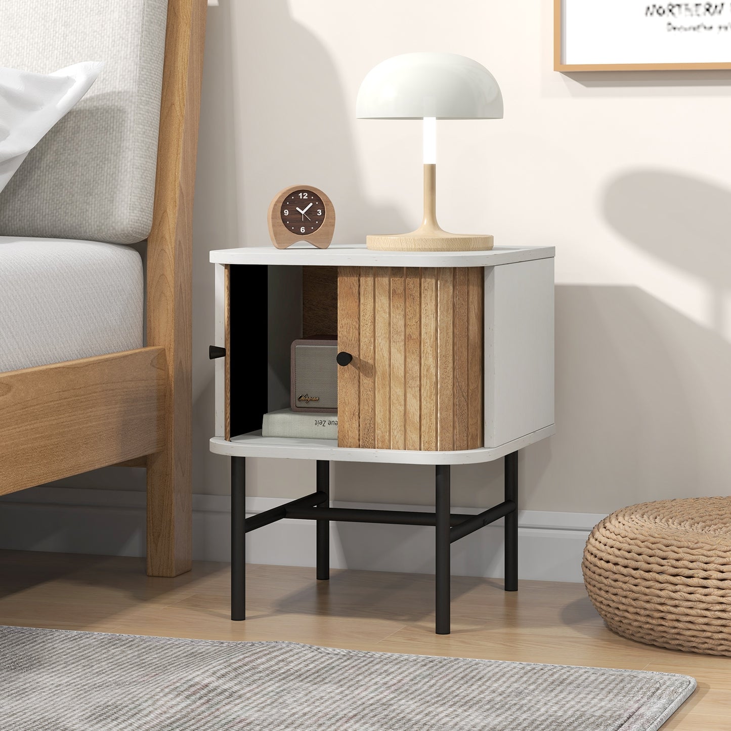 Mid Century Modern Nightstand with Sliding Doors and Storage Cabinet in White