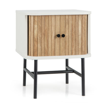 Mid Century Modern Nightstand with Sliding Doors and Storage Cabinet in White