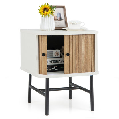 Mid Century Modern Nightstand with Sliding Doors and Storage Cabinet in White