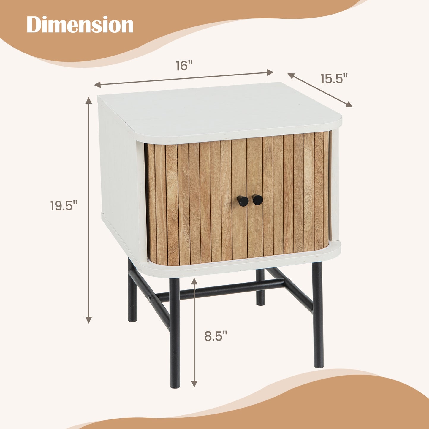 Mid Century Modern Nightstand with Sliding Doors and Storage Cabinet in White