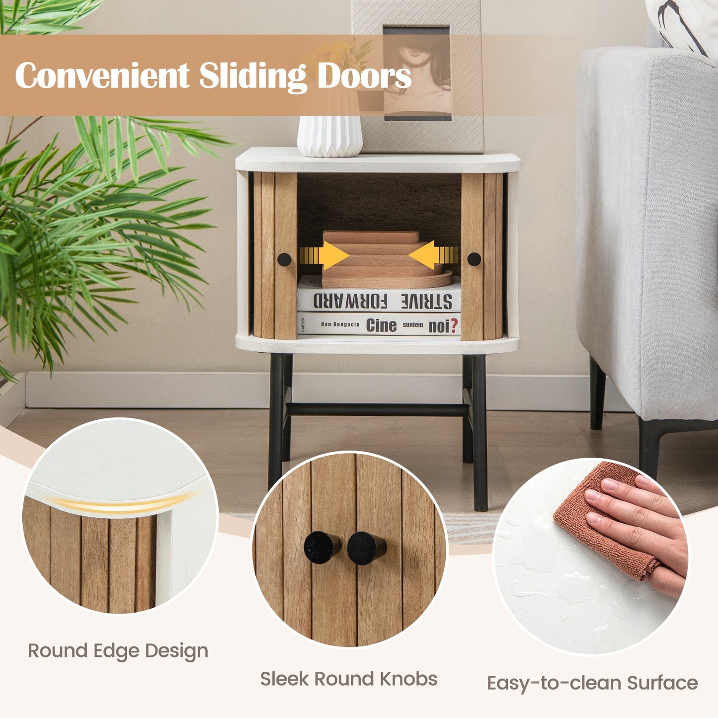 Mid Century Modern Nightstand with Sliding Doors and Storage Cabinet in White