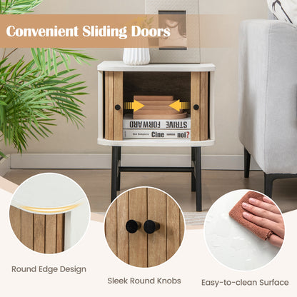 Mid Century Modern Nightstand with Sliding Doors and Storage Cabinet in White