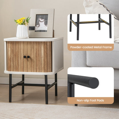 Mid Century Modern Nightstand with Sliding Doors and Storage Cabinet in White