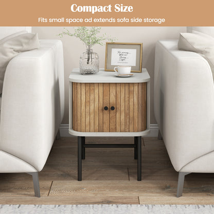 Mid Century Modern Nightstand with Sliding Doors and Storage Cabinet in White