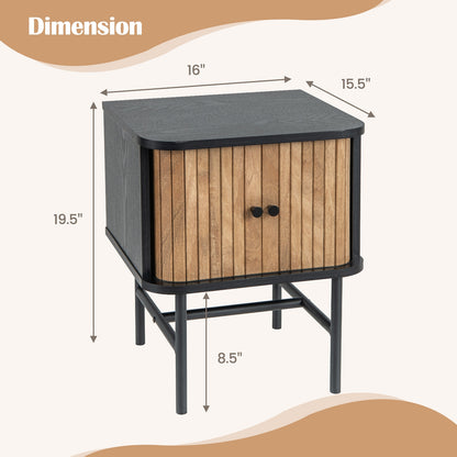 Mid Century Modern Nightstand with Sliding Doors and Storage Cabinet in Black