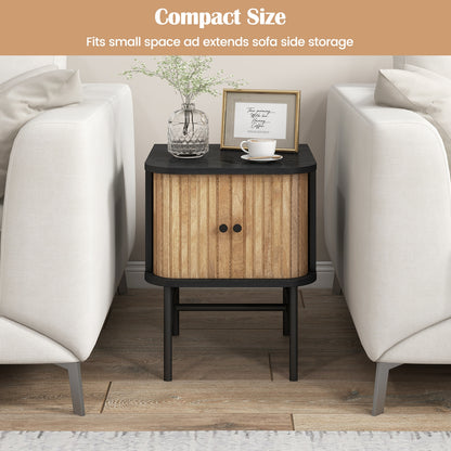 Mid Century Modern Nightstand with Sliding Doors and Storage Cabinet in Black