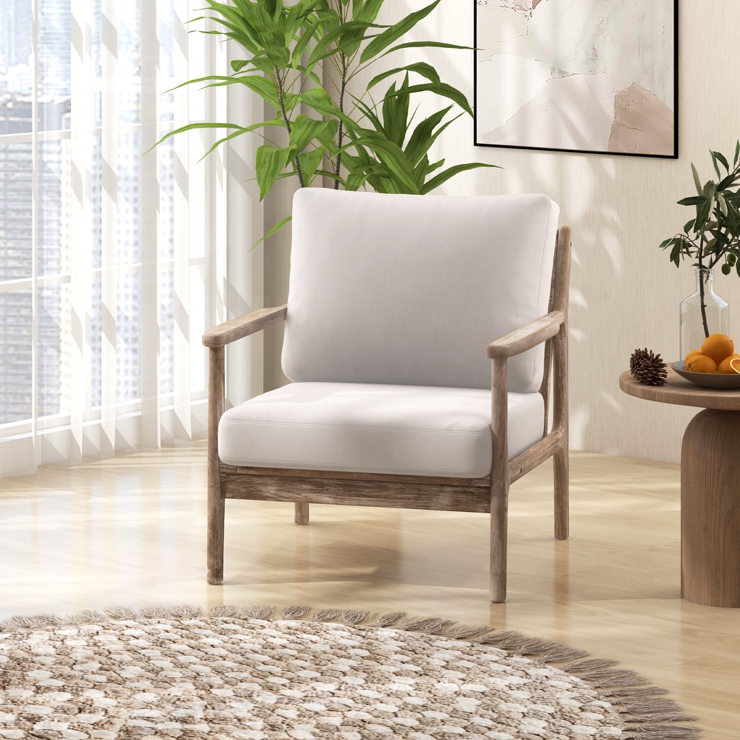 Linen Upholstered Accent Chair with Wooden Frame and Ergonomic Armrests