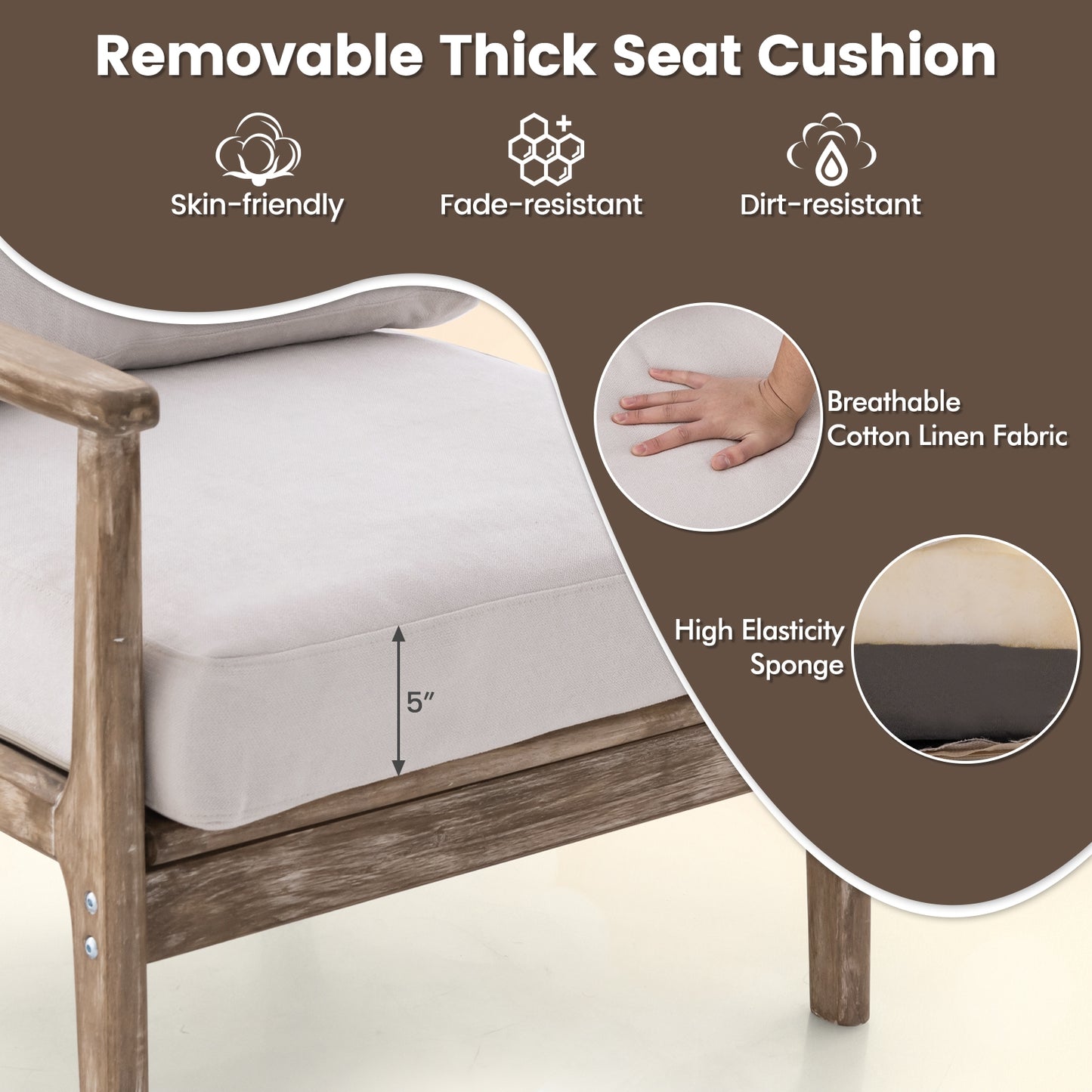 Linen Upholstered Accent Chair with Wooden Frame and Ergonomic Armrests